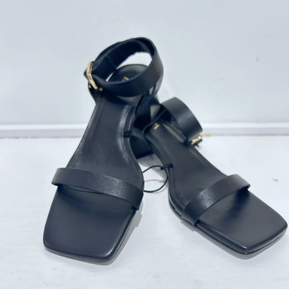 Zara Womens Black Gold Upper Leather Square Toe Ankle Strap Heel Sandals Size 36 - Picture 6 of 12